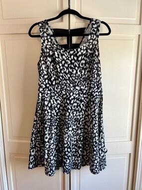 Xhileration Black & White Leopard Print Skater Dress w/ Zip-Up Cage Back